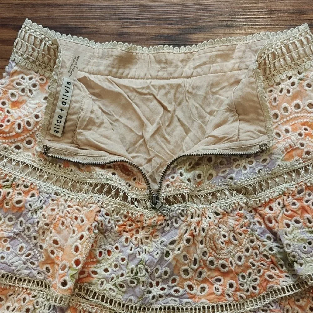 Alice + Olivia Cream and Orange Eyelet Mini Skirt